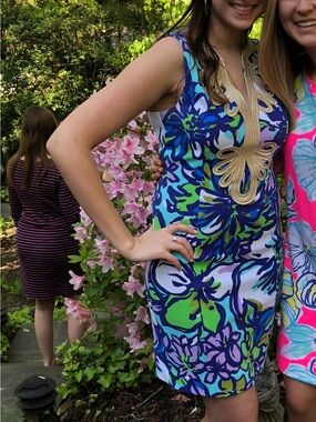 Lilly Pulitzer Blue, Green & Purple Floral Shift Dress with Gold Trim